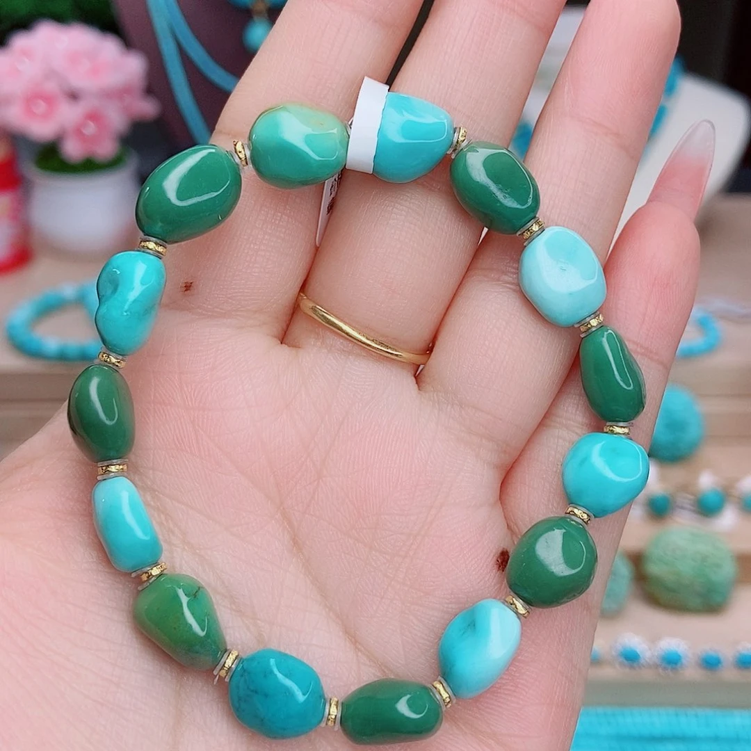 绿松石未镶嵌高瓷蓝绿特色糖豆手串11（克价357）