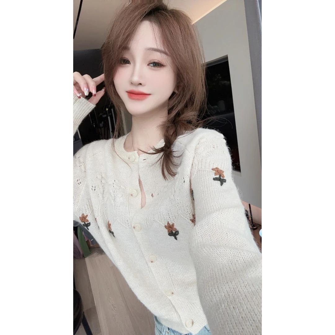 【CHEN】洋气设计感温柔减龄刺绣毛衣时尚镂空针织开衫24122902