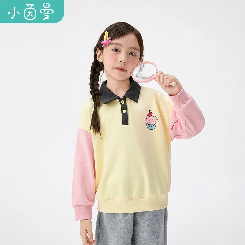 小茵曼女童翻领卫衣小蛋糕印花25秋中大童撞色长袖上衣GO3853030