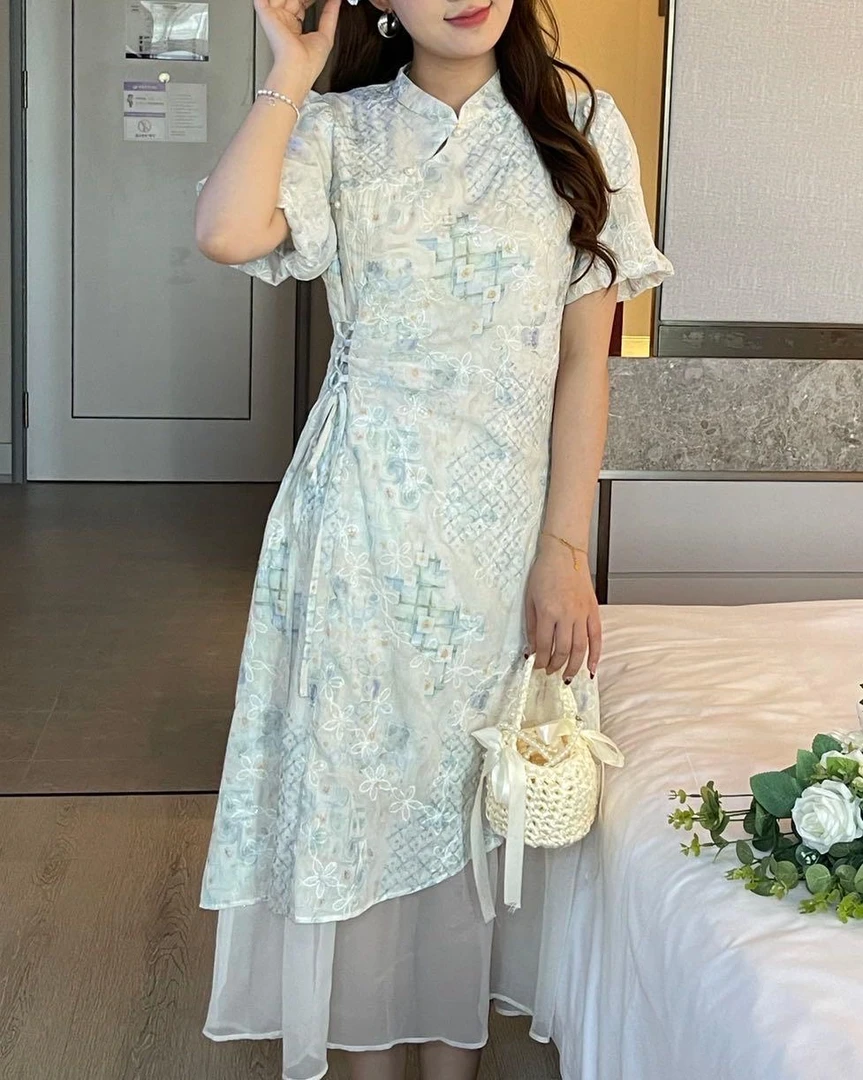 刺绣旗袍裙侧腰绑带连衣裙2585