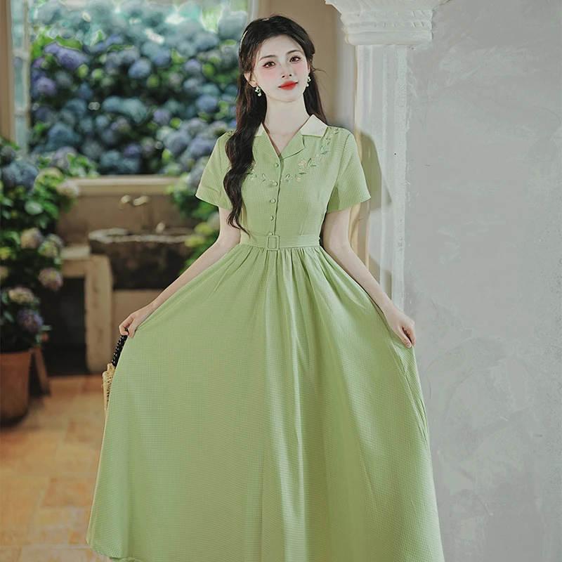 【夏日画报】法式复古优雅气质绿色格子连衣裙修身显瘦绑带长裙8053