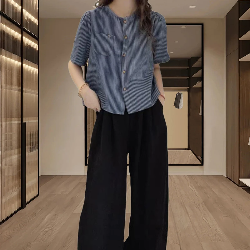 2025夏季职场通勤风别致条纹衬衫百搭时尚洋气减龄显瘦短袖衬衫女