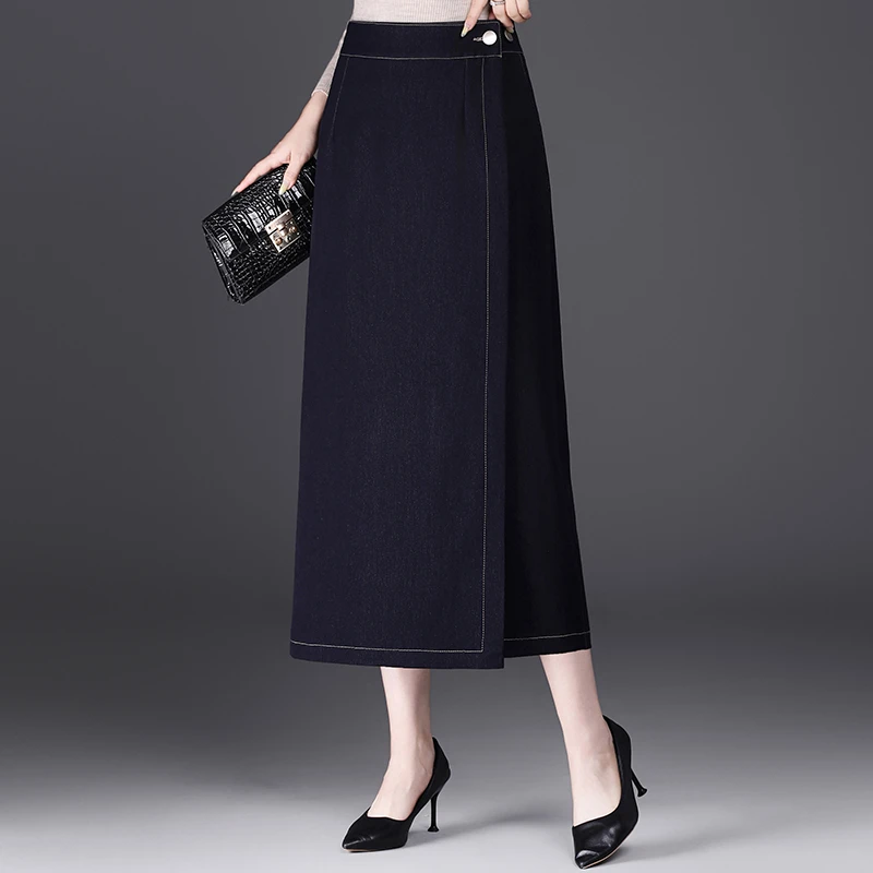 牛仔一片式半身裙女2025秋新款高腰显瘦开叉直筒中长款一步裙包臀