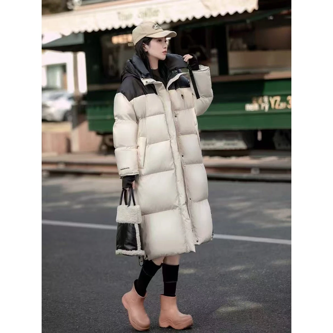 8888 拼色羽绒服冬中长款2025新款韩版宽松时尚休闲加厚过膝外套