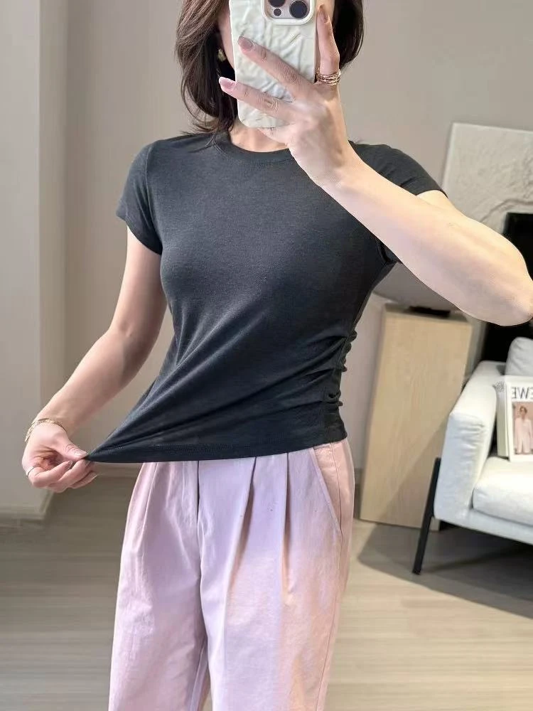 张金家高弹力网红百搭上衣夏款打皱T恤