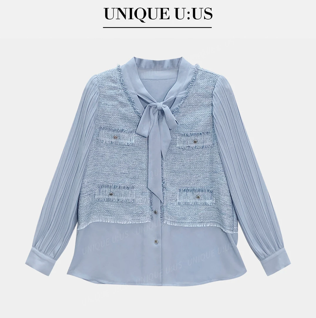 【林雪雪】蓝调织语新款气质飘带拼接编织工艺宽松知性衬衫256111