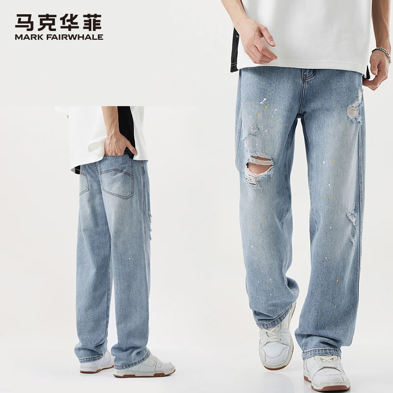 马克华菲泼墨破洞牛仔裤男士浅色水洗复古宽松阔腿潮牌长裤