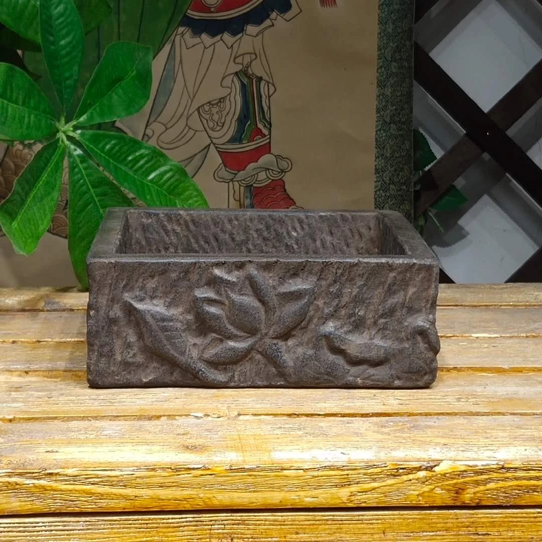 中国风禅意仿青石古造景花盆雕刻工艺品古法养鱼造型花盆