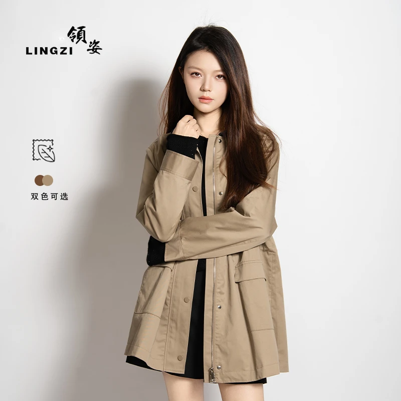 LINGZI/领姿 秋季常规宽松型拼色纯色中长款风衣4123284