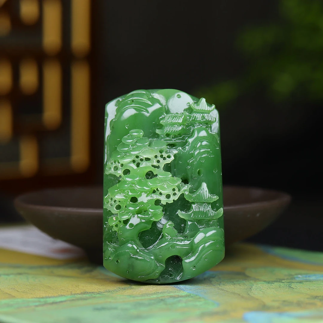 1109104和田玉碧玉意境山水挂件