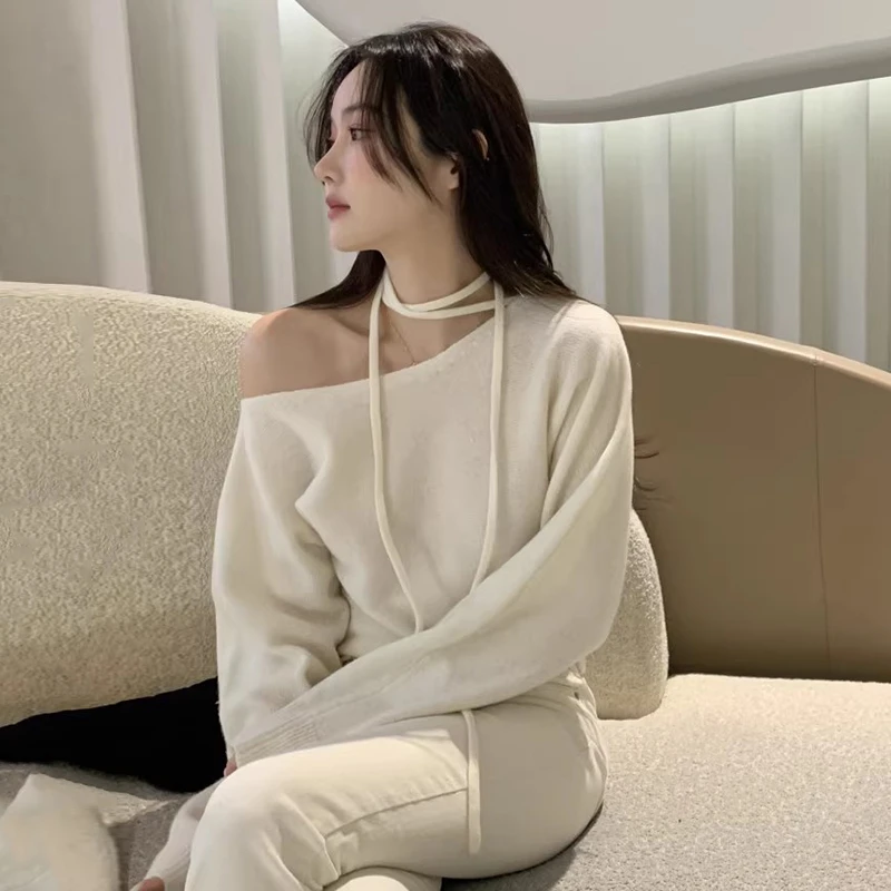 韩国气质毛衣女秋冬新款法式复古露肩休息百搭系带长袖针织上衣潮