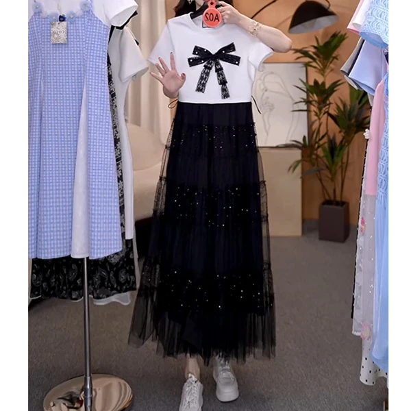 2025新款高级设计感蝴蝶结夏日假两件女装拼接褶皱收腰显瘦连衣裙