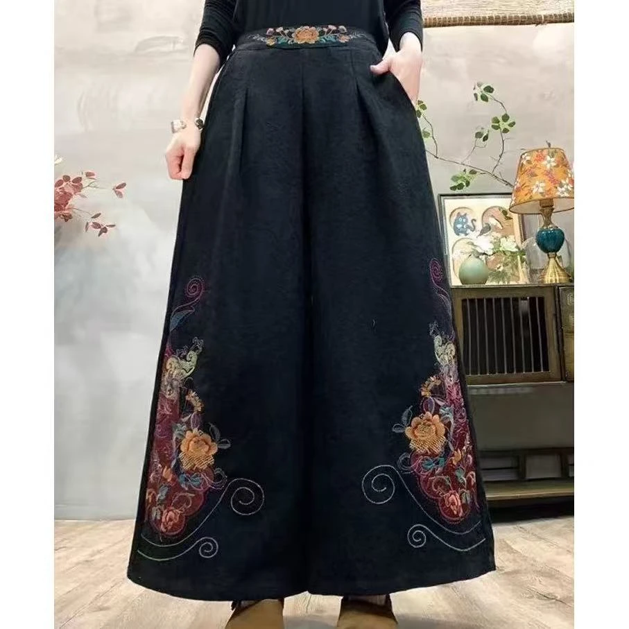 引卷  文艺复古民族风牡丹刺绣棉麻提花工艺阔腿裤
