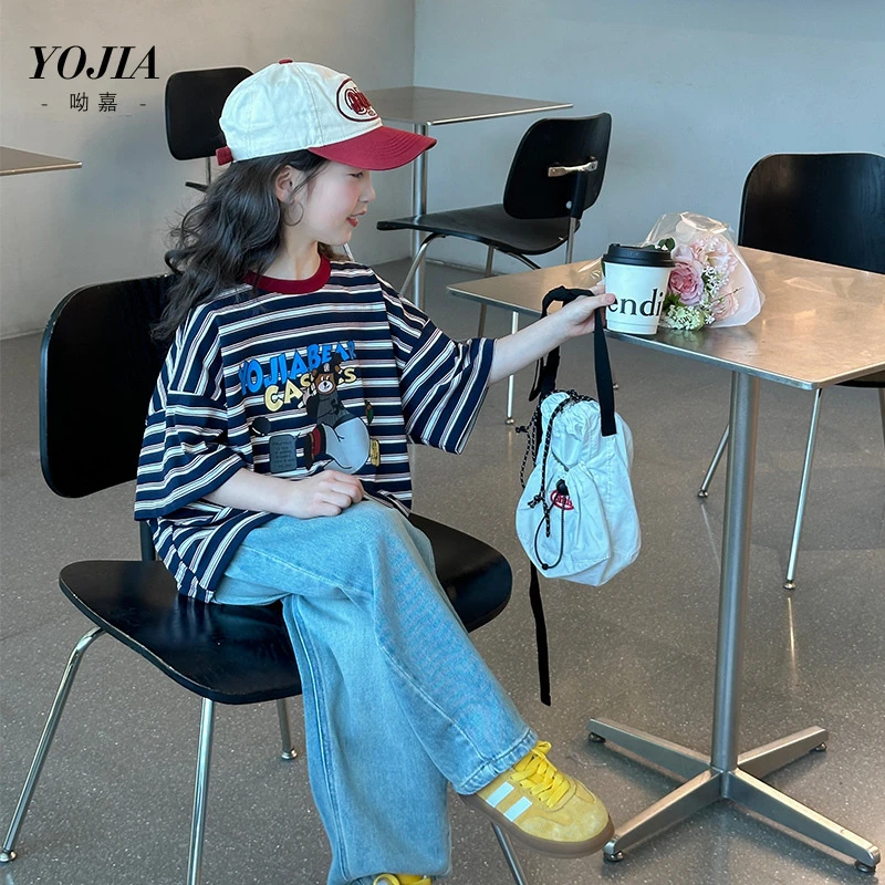 YOJIA女童条纹短袖夏装2025新款韩版洋气女孩半袖T恤上衣夏季