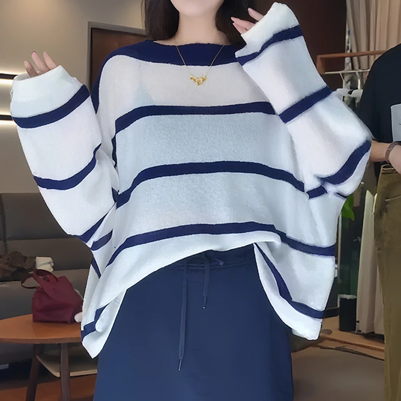 韩系简约拼接长袖针织衫女早秋新款韩系轻薄显瘦宽松条纹设计上衣