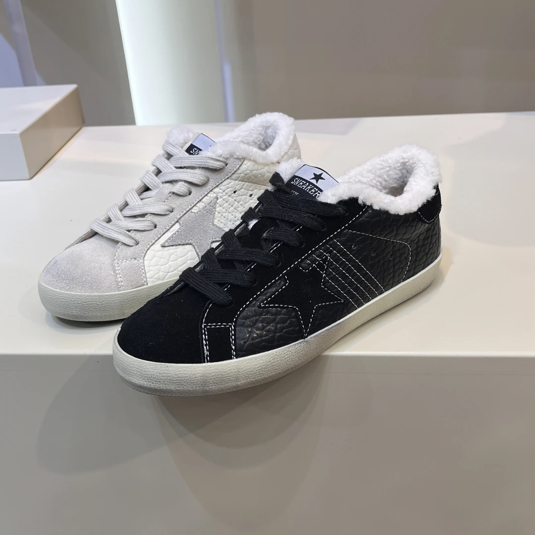 冬季新款牛皮加棉星星小脏鞋复古做旧女鞋