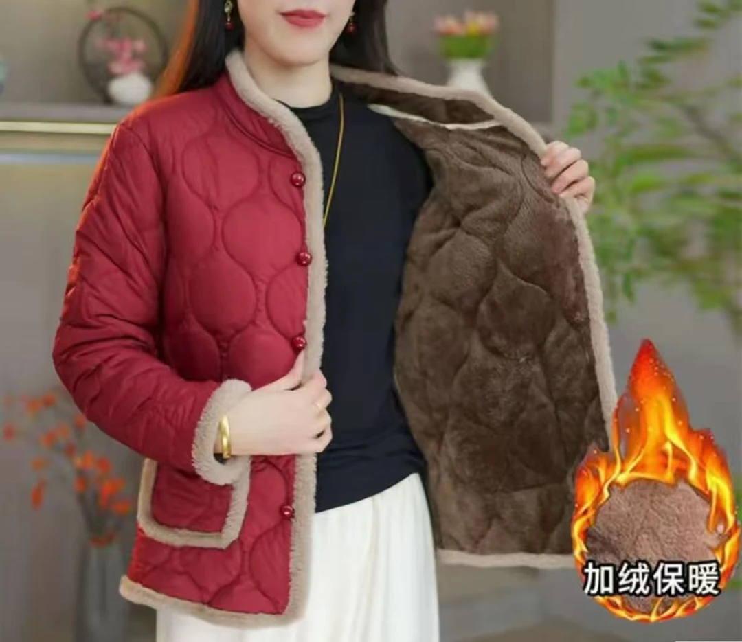 中老年女装中老年翻领加绒棉服厚款民族风加绒加厚款