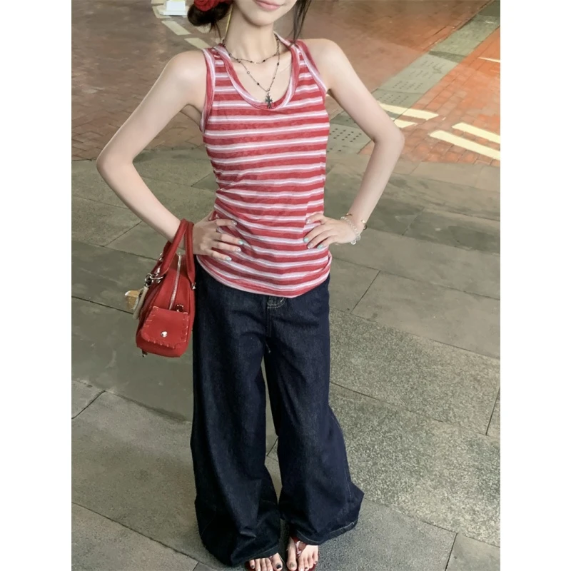 红色条纹系带挂脖吊带背心女夏季新款辣妹设计感小众无袖短款上衣