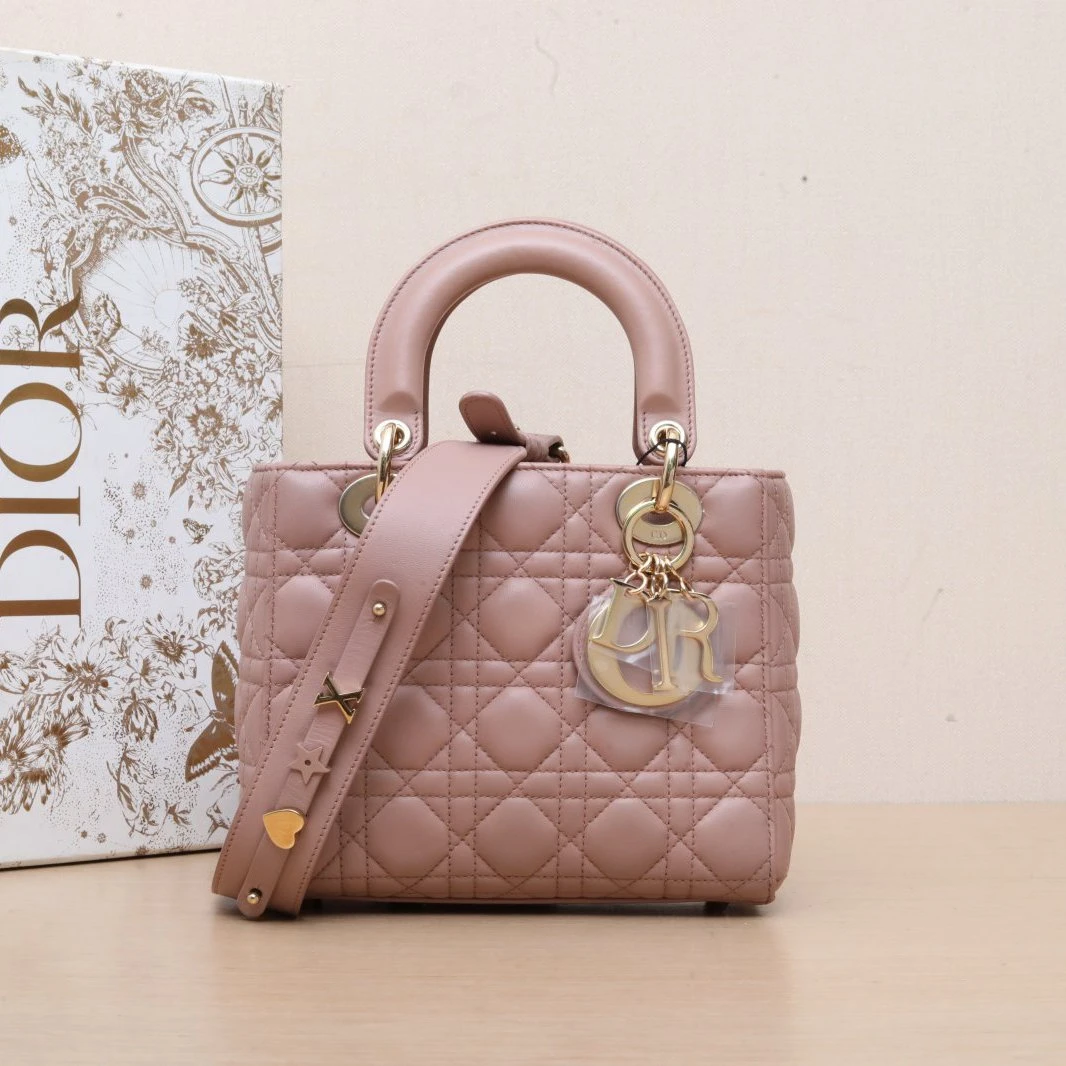 95新 DIOR/迪奥 小花6枫Lady Dior 戴妃包 四格 徽章肩带 豆沙粉
