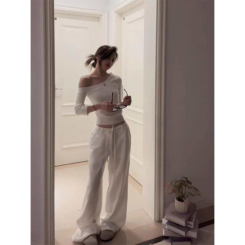 斜肩毛衣修身显瘦辣妹收腰套头上衣微喇休闲裤抽绳显瘦垂感拖地裤