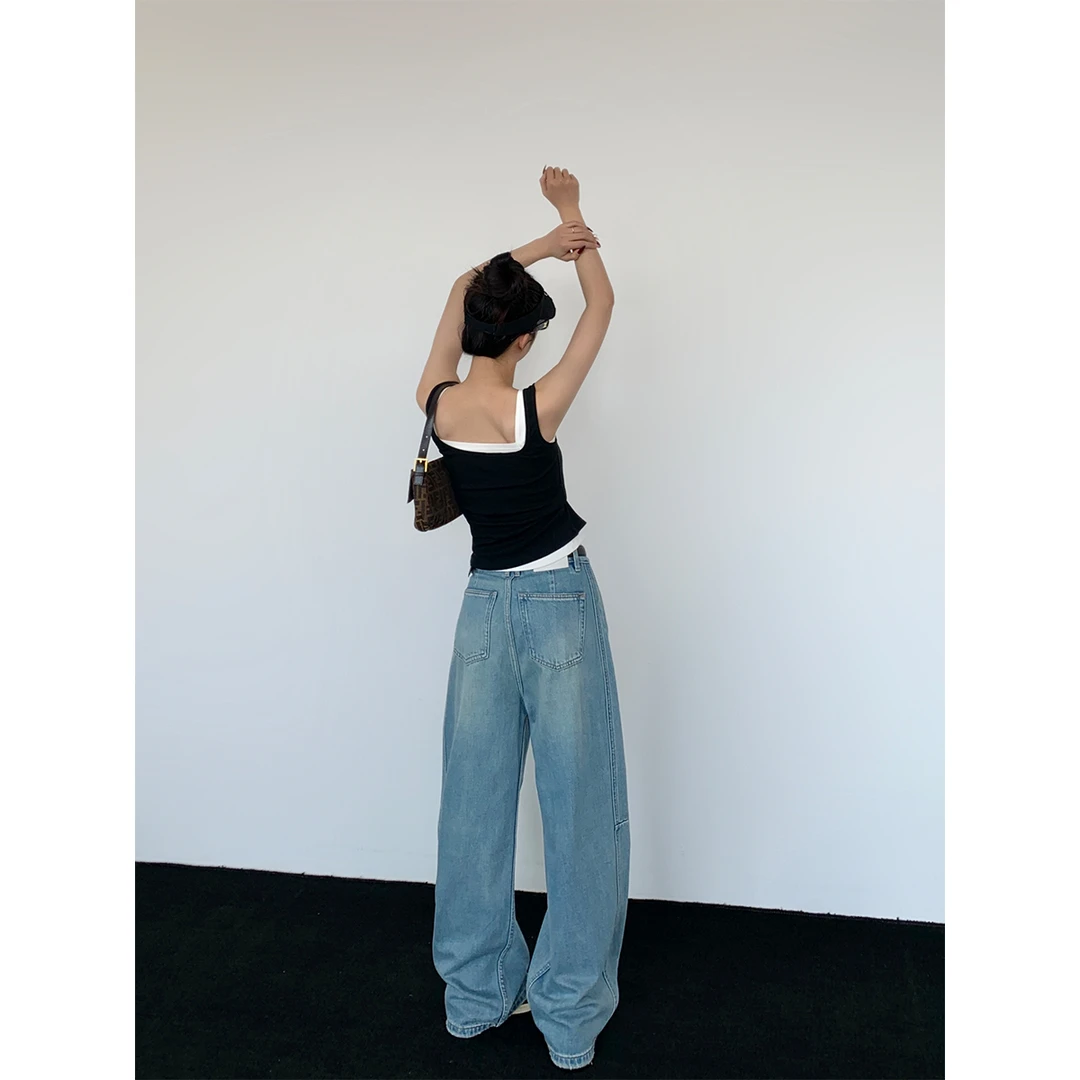 02.21 P0221K3579 莱赛尔牛仔弯刀裤女高腰阔腿显瘦镰刀长裤