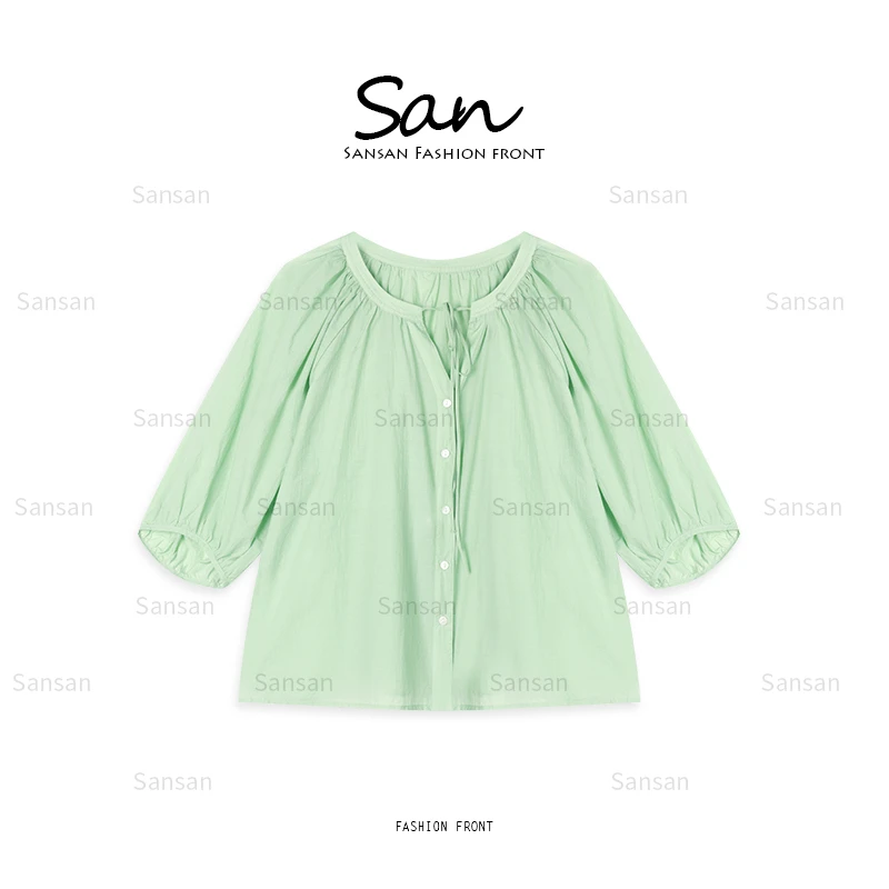 【SANSAN】极简百搭气质甜美泡泡袖夏季休闲上衣时尚衬衫DY-7598