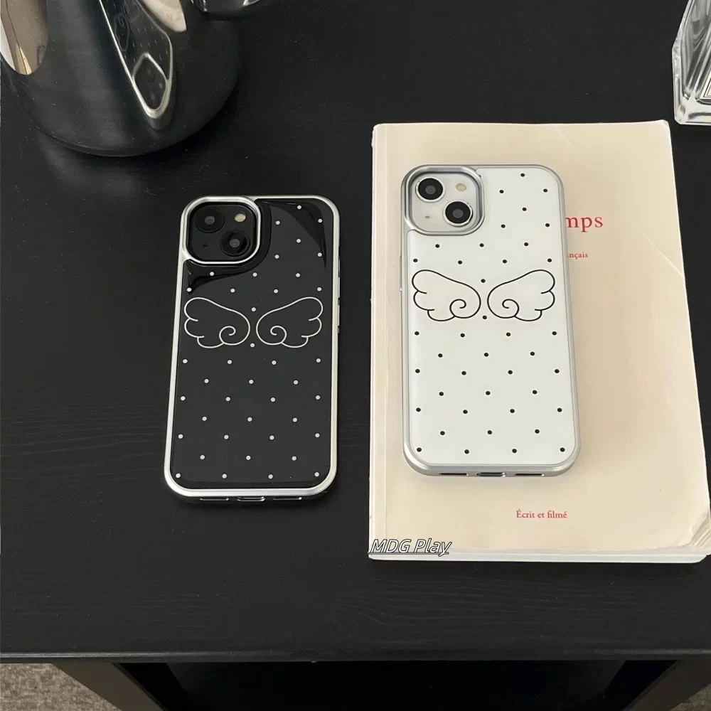 电镀银滴胶ins黑白翅膀适用苹果16pro手机壳iPhone15女14新款13