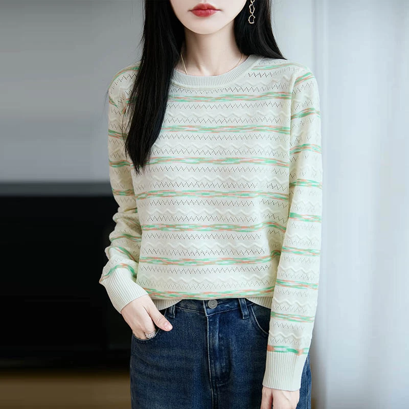品牌时尚女装早秋小香风长袖圆领条纹毛衣女针织衫显瘦百搭上衣