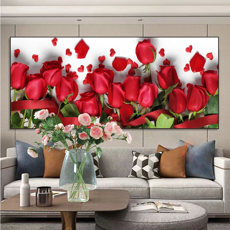 新款满绣十字绣玫瑰花线绣卧室客厅简约花卉现代大格手工刺绣