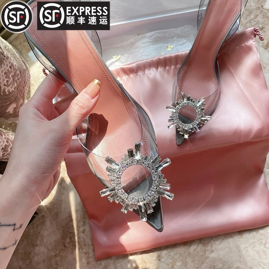 2023新款蝴蝶结水钻凉鞋女夏仙女水晶鞋细跟尖头透明百搭女气质