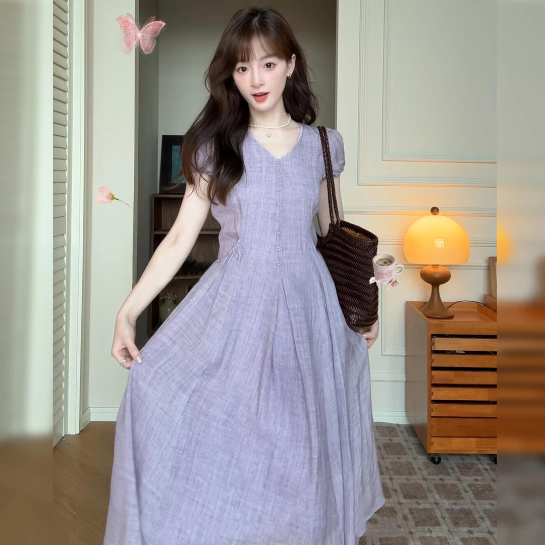 今年夏日流行爆款紫色连衣裙子女装夏2025新款小个子掐腰长裙