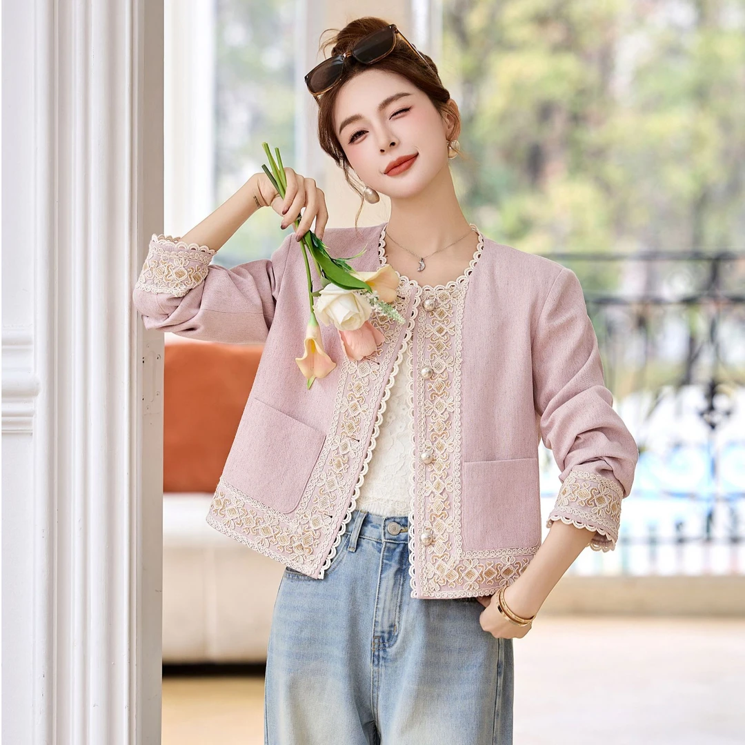 小个子新中式国风高级感刺绣温柔风蕾丝拼接短款上衣外套春装新款