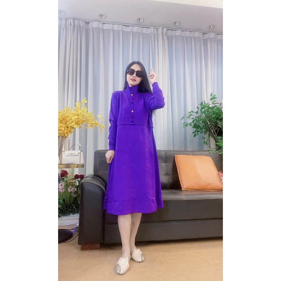 4464 大码女装长袖连衣裙早秋新款气质长裙彩色包扣