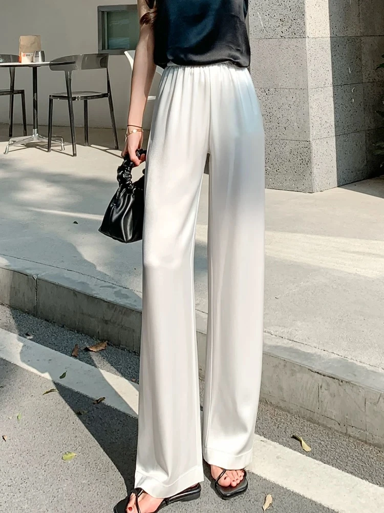 南油田公子（裤子）醋酸高腰薄款松紧腰垂感显瘦宽松时尚百搭直筒裤