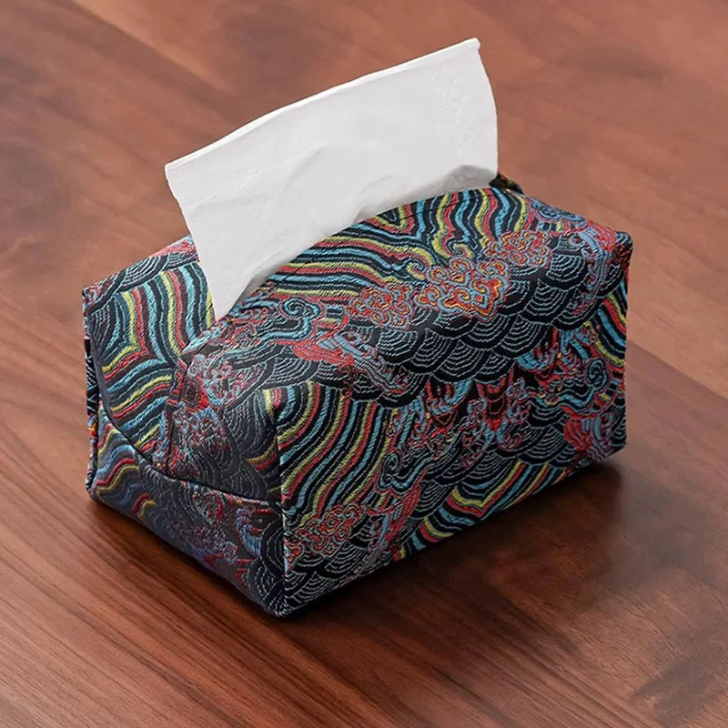祥云纸巾盒-织锦工艺防水桌面抽纸盒-15*10*8cm