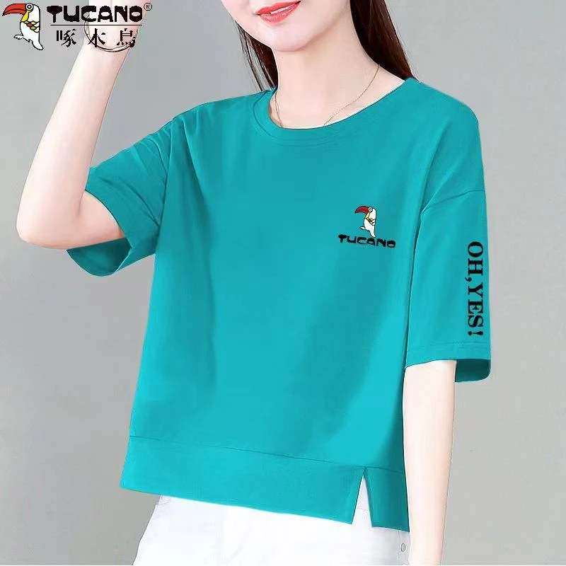 啄木鸟100%纯棉夏季新款短袖开叉上衣女宽松百搭显瘦圆领体恤衫潮