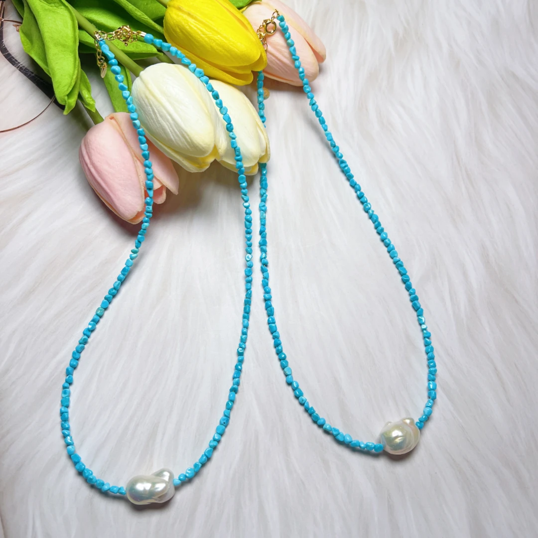 【大亿珠宝】天然绿松石高瓷蓝美松珍珠颈链多样性随发一条--羽化翎