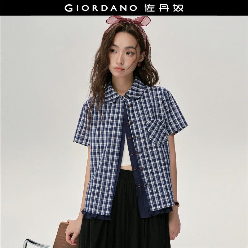 佐丹奴衬衫女装夏季假两件格纹荷叶边下摆短袖衬衫 18345820