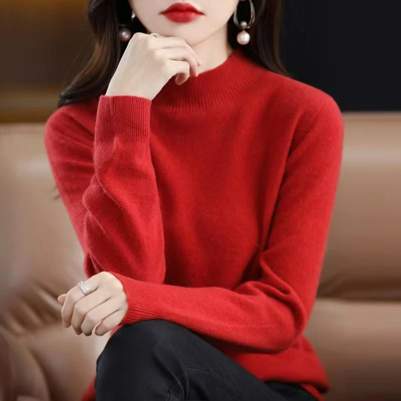 半高领长袖针织衫纯色套头毛衣女