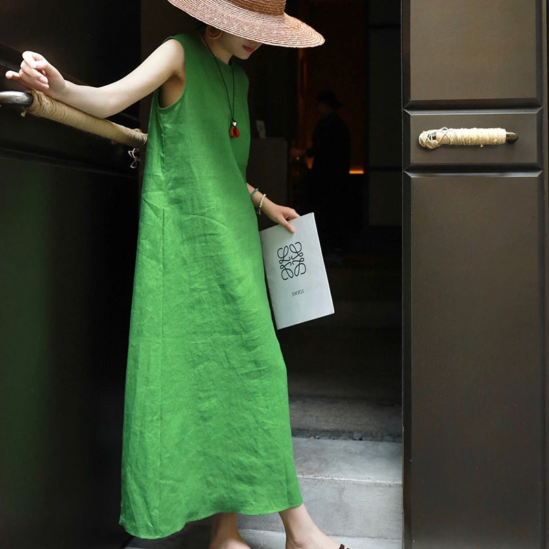 夏季新款中长裙常规无袖A字裙连衣裙高腰套头亚麻吊带裙沙滩裙子