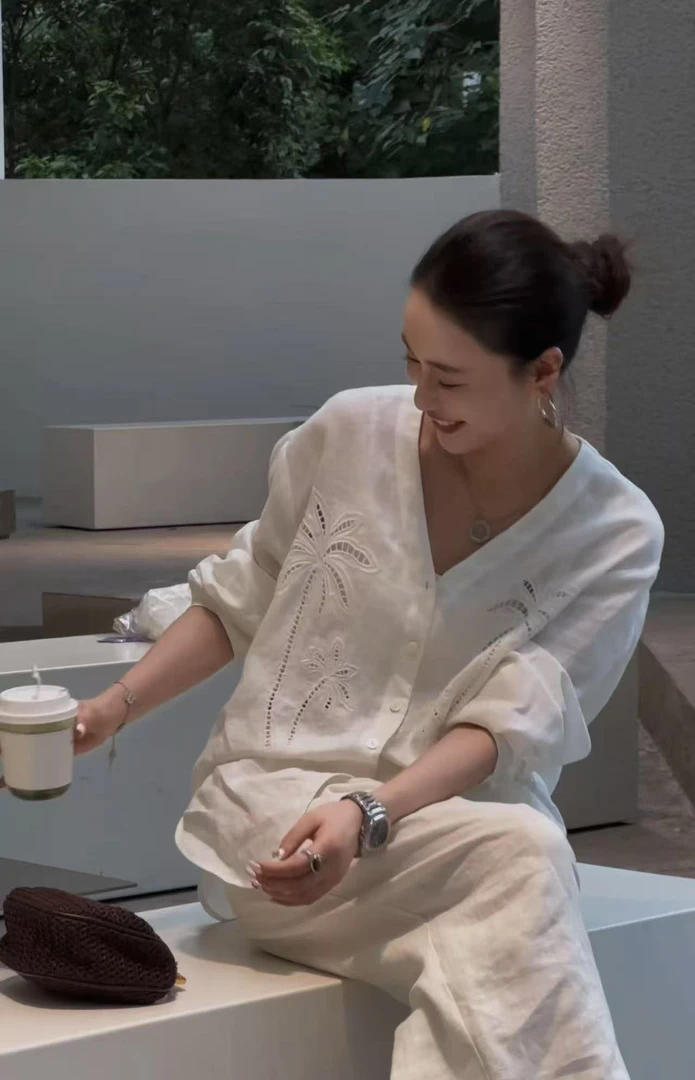 L'U'R/YI'YAO【椰子树下】老钱度假风高级镂空刺绣亚麻衬衫10103