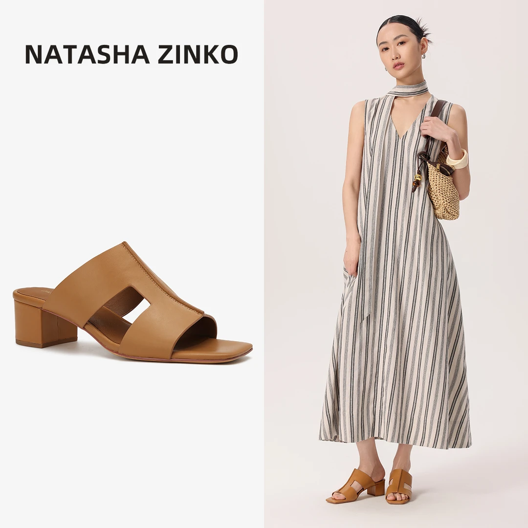 6527复古方头粗跟镂空拖鞋女2025年夏季新款露趾凉拖鞋