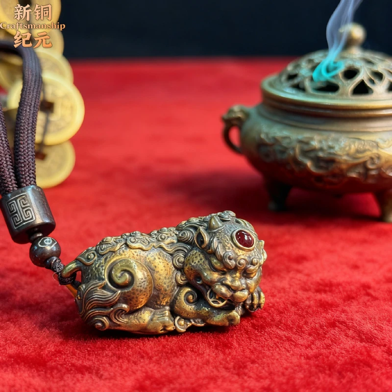 铜合金黄铜山鬼花钱貔貅手把件