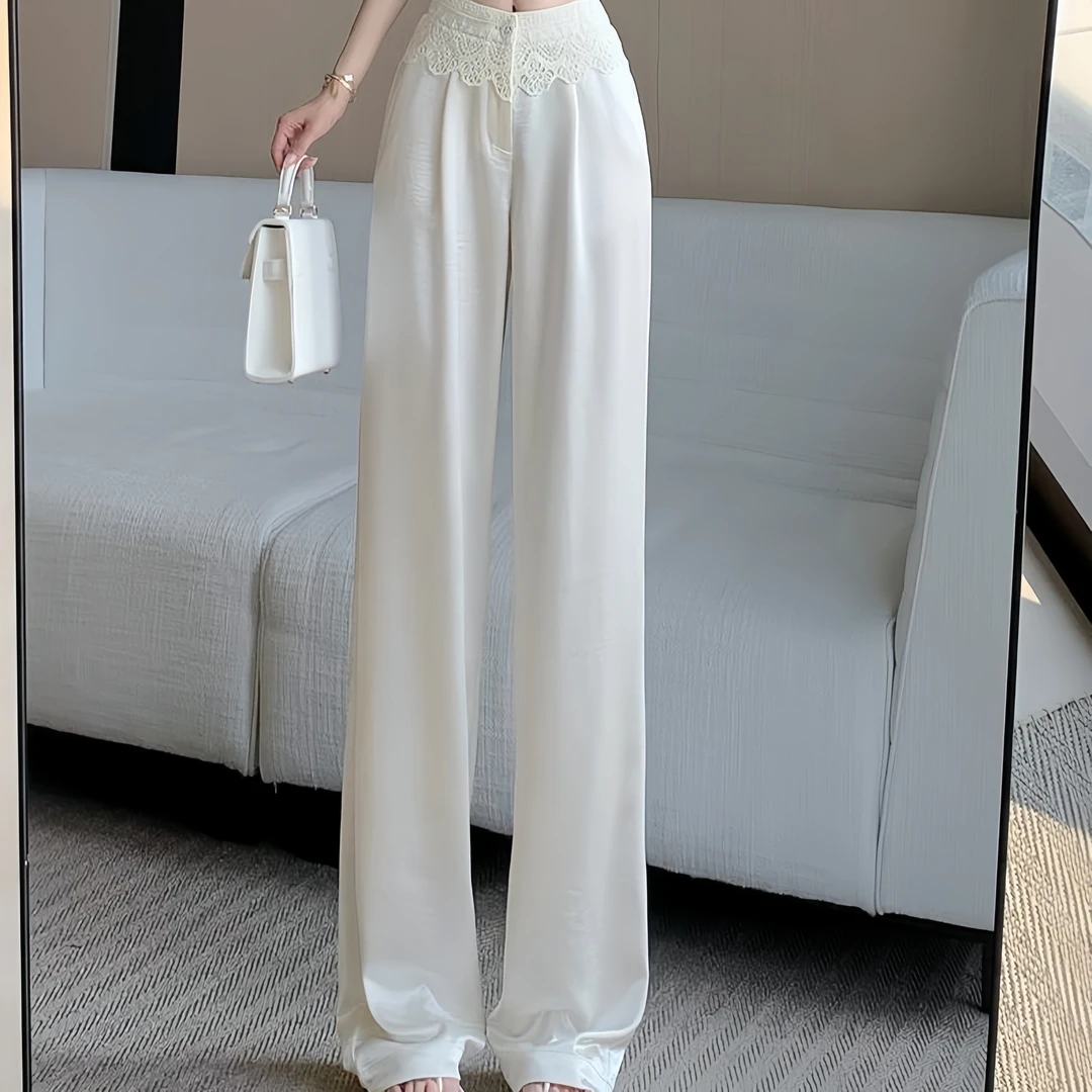 【雅】休闲百搭显腰细高腰醋酸蕾丝拼接西装阔腿裤女拖地长裤