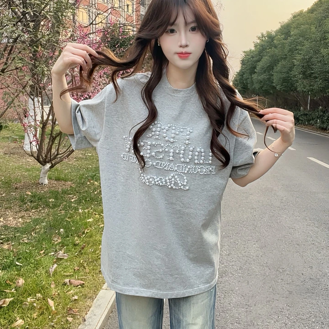 慵懒风美式灰色短袖t恤女2025夏季新款珍珠刺绣纯棉宽松正肩上衣