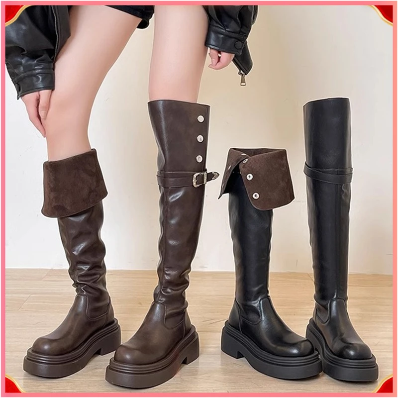 秋冬新款一靴四穿翻折厚底长筒粗跟人造革面过膝骑士靴女时尚