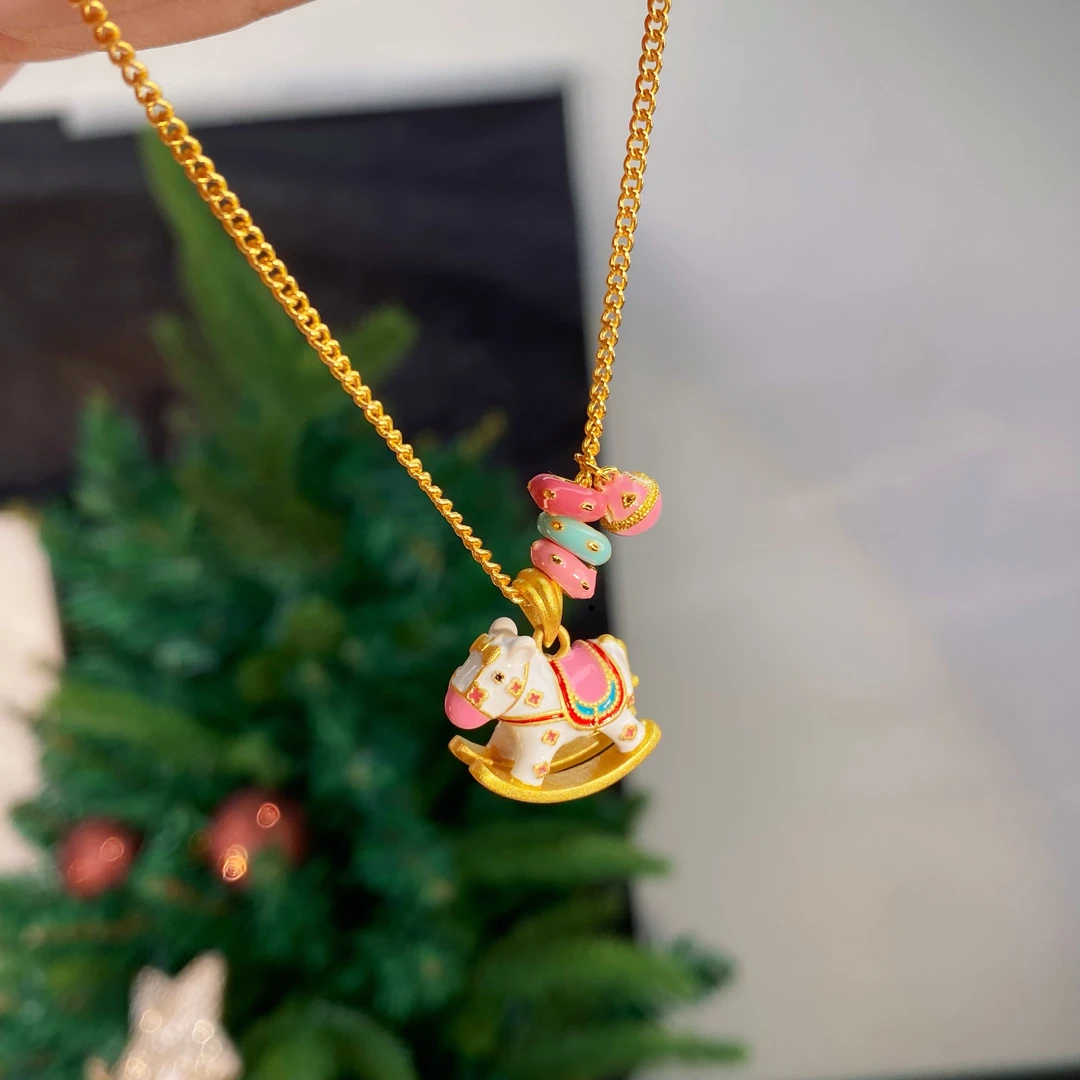 铜合金项链 【摇摇马】彩虹珐琅马卡龙色摇摇小木马吊项链女友礼物
