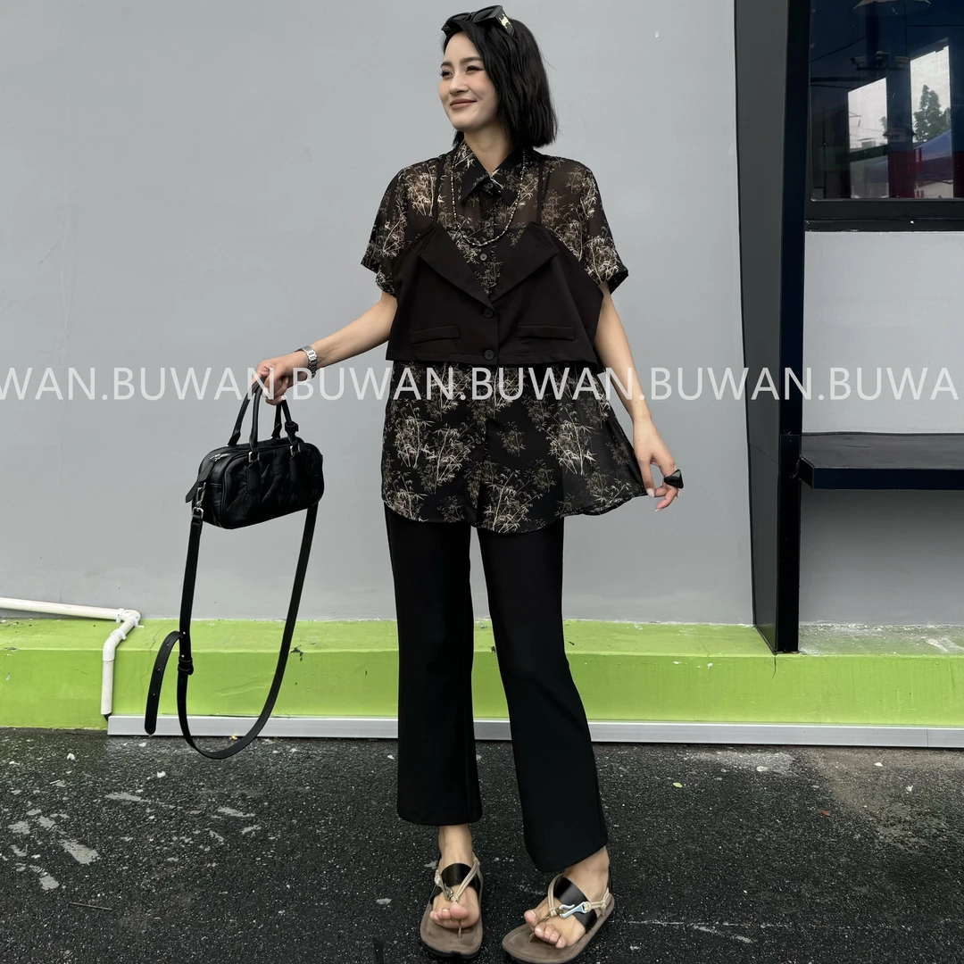 BUWAN【身后】小众夏季假两件复古印花翻领衬衫7967