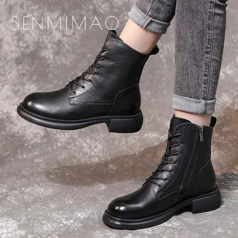 马丁靴2025秋冬新款英伦真牛小皮鞋加绒短靴平跟厚底女鞋增高短靴