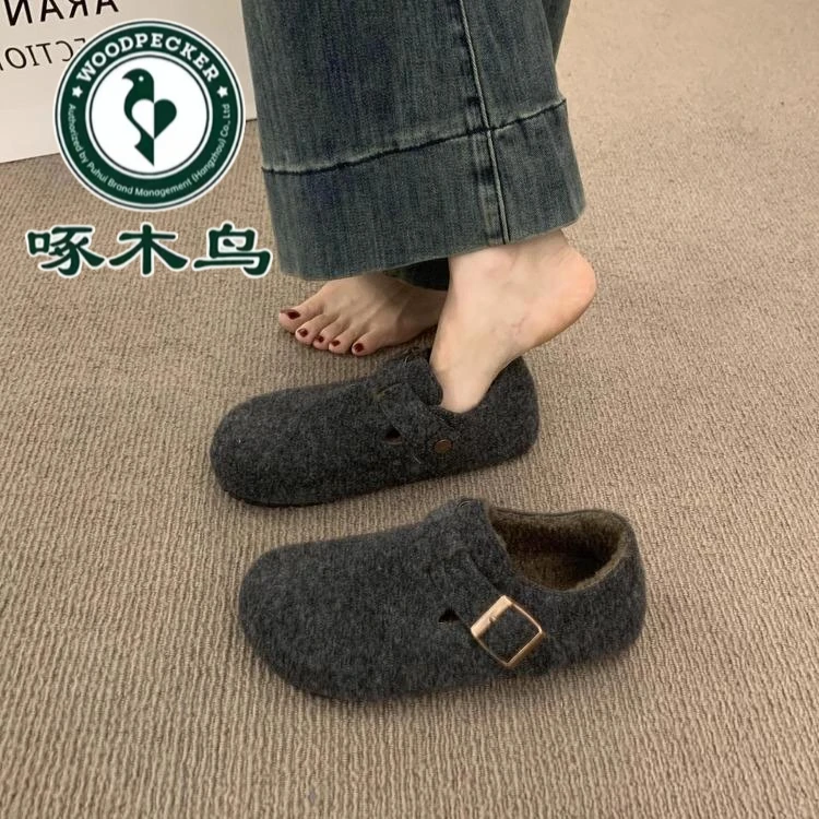 啄木鸟圆头毛毡加绒勃肯鞋女2025秋冬季一脚蹬保暖棉鞋毛呢乐福鞋